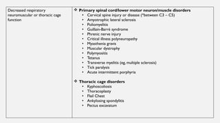 Decreased respiratory
neuromuscular or thoracic cage
function
 Primary spinal cord/lower motor neuron/muscle disorders
• Cervical spine injury or disease (*between C3 – C5)
• Amyotrophic lateral sclerosis
• Poliomyelitis
• Guillain-Barré syndrome
• Phrenic nerve injury
• Critical illness polyneuropathy
• Myasthenia gravis
• Muscular dystrophy
• Polymyositis
• Tetanus
• Transverse myelitis (eg, multiple sclerosis)
• Tick paralysis
• Acute intermittent porphyria
 Thoracic cage disorders
• Kyphoscoliosis
• Thoracoplasty
• Flail Chest
• Ankylosing spondylitis
• Pectus excavatum
 