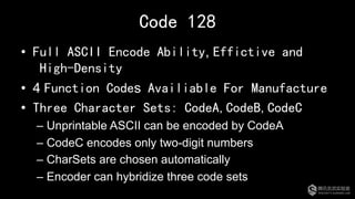 Code 128
•  Full ASCII Encode Ability, Effictive and
High-Density
•  4 Function Codes Availiable For Manufacture
•  Three Character Sets: CodeA,CodeB,CodeC
– Unprintable ASCII can be encoded by CodeA
– CodeC encodes only two-digit numbers
– CharSets are chosen automatically
– Encoder can hybridize three code sets
 