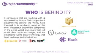 TM
WHO IS BEHIND IT?
3 companies that are working with &
supported by fortune 500 companies &
governments around the world, have
invested in & incubated some of the
most successful blockchain companies
in the entire world, own more than 40
world class crypto exchanges, and are
developing world class technology that
is set to disrupt entire industries.
GLOBAL BLOCKCHAIN COMMUNITY
2021
Copyright ©2019-2021 HyperTech™. All Rights Reserved.
 