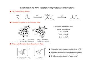 Enamines in the Aldol Reaction: Computational Considerations
n The Enamine Aldol Rection
n Computed Properties of the Transition State
NMe2 O
H Me
H+
N
Me Me
H2O
H
O
H Me
Me
A surprisingly late transition state:
O OH
"Normal" Bond Lengths
C–C 1.544 Å
C–N 1.492 Å
C–O 1.470 Å
n What a Late Transition State Means for the Aldol
O
N
Me
Me
…not this!
O
N
Me
Me
TS looks more like this…
n Protonation only increases product devel in TS
n Non-basic enamine N in TS (Hyperconjugation)
n C-N Conformation locked in "gauche out"
 