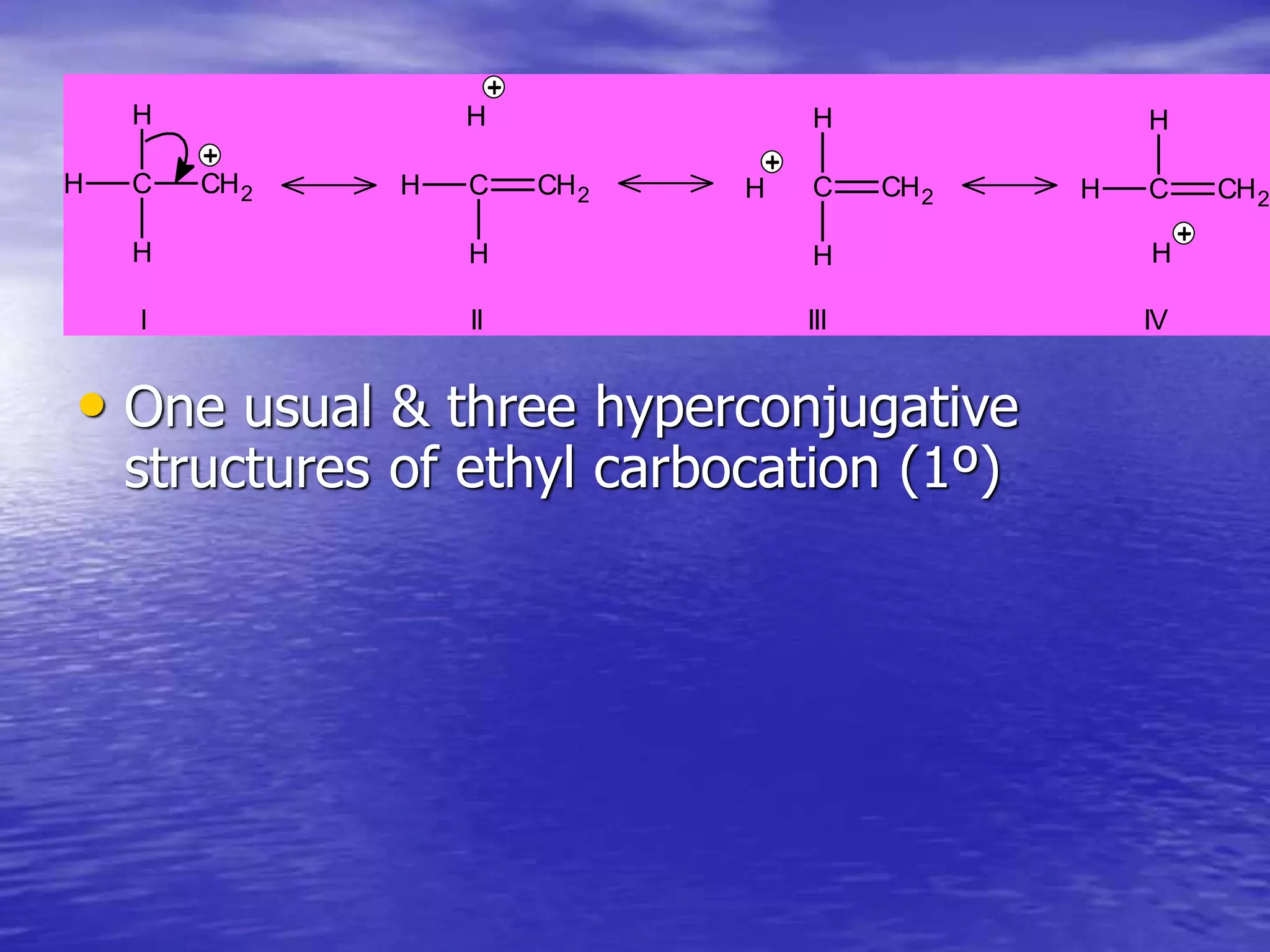 • One usual & three hyperconjugative
structures of ethyl carbocation (1º)
H C CH2
H
H
I
H C CH2
H
II
C CH2
H
H
III
H C CH2
H
IV
H
H
H
 