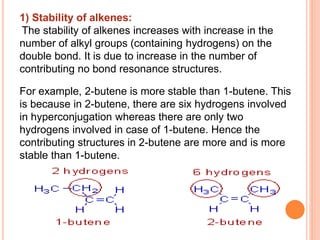 1) Stability of alkenes:
The stability of alkenes increases with increase in the
number of alkyl groups (containing hydrogens) on the
double bond. It is due to increase in the number of
contributing no bond resonance structures.
For example, 2-butene is more stable than 1-butene. This
is because in 2-butene, there are six hydrogens involved
in hyperconjugation whereas there are only two
hydrogens involved in case of 1-butene. Hence the
contributing structures in 2-butene are more and is more
stable than 1-butene.
 