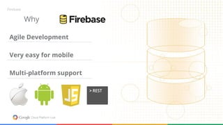 Agile Development
Very easy for mobile
Multi-platform support
Why
Firebase
 