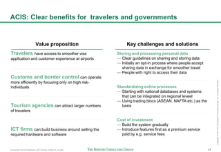 Connected World Slideshare_BCG format_23May14_JL.pptx 17
Copyright©2014byTheBostonConsultingGroup,Inc.Allrightsreserved.
ACIS: Clear benefits for travelers and governments
Travelers have access to smoother visa
application and customer experience at airports
Customs and border control can operate
more efficiently by focusing only on high risk-
individuals
Tourism agencies can attract larger numbers
of travelers
ICT firms can build business around selling the
required hardware and software
Value proposition
Storing and processing personal data
— Clear guidelines on sharing and storing data
— Initially an opt-in process where people accept
sharing data in exchange for smoother travel
— People with right to access their data
Standardizing online processes
— Starting with national databases and systems
that can be integrated on regional leveel
— Using trading blocs (ASEAN, NAFTA etc.) as the
basis
Cost of investment
— Build the system gradually
— Introduce features first as a premium service
paid by e.g. service fees
Key challenges and solutions
 