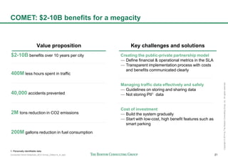 Connected World Slideshare_BCG format_23May14_JL.pptx 21
Copyright©2014byTheBostonConsultingGroup,Inc.Allrightsreserved.
COMET: $2-10B benefits for a megacity
$2-10B benefits over 10 years per city
400M less hours spent in traffic
40,000 accidents prevented
2M tons reduction in CO2 emissions
200M gallons reduction in fuel consumption
Value proposition
Creating the public-private partnership model
— Define financial & operational metrics in the SLA
— Transparent implementation process with costs
and benefits communicated clearly
Managing traffic data effectively and safely
— Guidelines on storing and sharing data
— Not storing PII1 data
Cost of investment
— Build the system gradually
— Start with low-cost, high benefit features such as
smart parking
Key challenges and solutions
1. Personally identifiable data
 