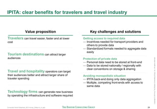 Connected World Slideshare_BCG format_23May14_JL.pptx 24
Copyright©2014byTheBostonConsultingGroup,Inc.Allrightsreserved.
IPITA: clear benefits for travelers and travel industry
Travelers can travel easier, faster and at lower
cost
Tourism destinations can attract larger
audiences
Travel and hospitality operators can target
their audiences better and attract larger share of
traveler spending
Technology firms can generate new business
by operating the infrastructure and software required
Value proposition
Getting access to required data
— Incentives needed for transport providers and
others to provide data
— Standardized formats needed to aggregate data
easily
Protection of private data
— Personal data need to be stored at front-end
— Data to be stored nationally / regionally with
clear conventions on storage & sharing
Avoiding monopolistic situation
— IPITA back-end doing only data aggregation
— Multiple, competing front-ends with access to
same data
Key challenges and solutions
 