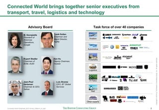 Connected World Slideshare_BCG format_23May14_JL.pptx 2
Copyright©2014byTheBostonConsultingGroup,Inc.Allrightsreserved.
Advisory Board Task force of over 40 companies
Aviation
Other experts
Rail
IT/Telco
Logistics
Hospitality
Automotive-
-
Connected World brings together senior executives from
transport, travel, logistics and technology
Rupert Stadler
Chairman of
BOM, AUDI
Ken Hu
Deputy Chairman,
Huawei
Luis Alvarez
CEO, BT Global
Services
Jean-Paul
Herteman
Chairman & CEO,
Safran
M. Georgiadis
President of
Americas
Operations,
Google
Tarek Sultan
Chairman and
Mgmt Director,
Agility
 