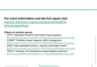 Connected World Slideshare_BCG format_23May14_JL.pptx 32
Copyright©2014byTheBostonConsultingGroup,Inc.Allrightsreserved.
For more information and the full report visit
reports.weforum.org/connected-world-2014/
bcg.perspectives
Videos on solution spaces
• IPITA: Integrated Proactive Intermodal Travel assistant
(http://www.youtube.com/watch?v=0MjxiC2pgLE&feature=youtu.be)
• COMET: Condition based megacity traffic management
(http://www.youtube.com/watch?v=Meh359rr014&feature=youtu.be)
• ACIS: Fully automated check-in, security, and border control
(http://www.youtube.com/watch?v=hRyv0aLgsxw&feature=youtu.be)
• TATLO: Tracking- and transparency-based logistics optimizer
(http://www.youtube.com/watch?v=L_PAyvzuHII&feature=youtu.be)
 