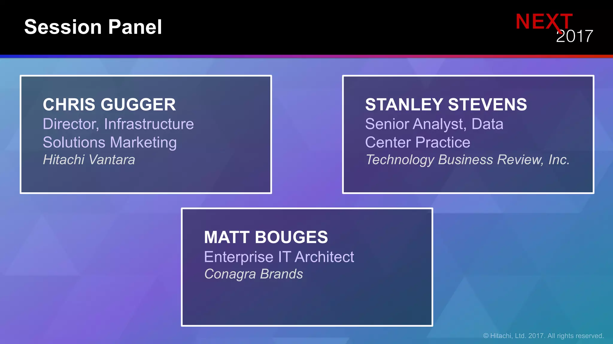 Session Panel
CHRIS GUGGER
Director, Infrastructure
Solutions Marketing
Hitachi Vantara
STANLEY STEVENS
Senior Analyst, Data
Center Practice
Technology Business Review, Inc.
MATT BOUGES
Enterprise IT Architect
Conagra Brands
 