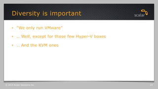 •  “We only run VMware”
•  .. Well, except for those few Hyper-V boxes
•  .. And the KVM ones
Diversity is important
© 2015 Scalar Decisions Inc. 23
 