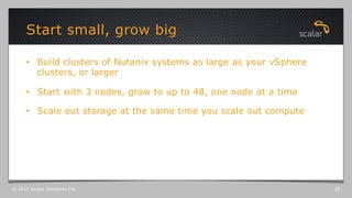 •  Build clusters of Nutanix systems as large as your vSphere
clusters, or larger
•  Start with 3 nodes, grow to up to 48, one node at a time
•  Scale out storage at the same time you scale out compute
Start small, grow big
© 2015 Scalar Decisions Inc. 25
 