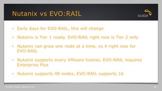 •  Early days for EVO:RAIL, this will change
•  Nutanix is Tier 1 ready. EVO:RAIL right now is Tier 2 only
•  Nutanix can grow one node at a time, vs 4 right now for
EVO:RAIL
•  Nutanix supports every VMware license, EVO:RAIL requires
Enterprise Plus
•  Nutanix supports 48 nodes, EVO:RAIL supports 16
Nutanix vs EVO:RAIL
© 2015 Scalar Decisions Inc. 28
 