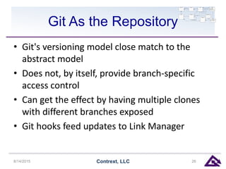 Git As the Repository
• Git's versioning model close match to the
abstract model
• Does not, by itself, provide branch-specific
access control
• Can get the effect by having multiple clones
with different branches exposed
• Git hooks feed updates to Link Manager
8/14/2015 Contrext, LLC 26
 