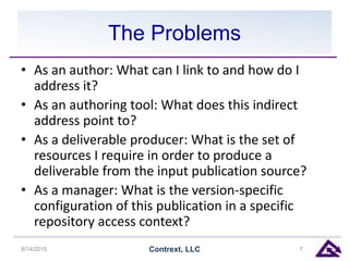 The Problems
• As an author: What can I link to and how do I
address it?
• As an authoring tool: What does this indirect
address point to?
• As a deliverable producer: What is the set of
resources I require in order to produce a
deliverable from the input publication source?
• As a manager: What is the version-specific
configuration of this publication in a specific
repository access context?
8/14/2015 Contrext, LLC 7
 