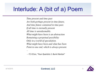 Interlude: A (bit of a) Poem
Time present and time past
Are both perhaps present in time future,
And time future contained in time past.
If all time is eternally present
All time is unredeemable.
What might have been is an abstraction
Remaining a perpetual possibility
Only in a world of speculation.
What might have been and what has been
Point to one end, which is always present.
…
—T.S Eliot, "Four Quartets 1: Burnt Norton"
8/14/2015 Contrext, LLC 9
 