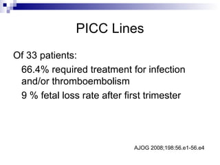 PICC Lines Of 33 patients: 66.4% required treatment for infection and/or thromboembolism 9 % fetal loss rate after first trimester                                                                                           AJOG 2008;198:56.e1-56.e4 