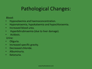 Pathological Changes:
Blood:
• Hypovolaemia and haemoconcentration.
• Hyponatraemia, hypokalaemia and hypochloraemia.
• Increased blood urea.
• Hyperbilirubinaemia (due to liver damage).
• Acidosis.
Urine:
• Oliguria.
• Increased specific gravity.
• Decreased chloride.
• Albuminuria.
• Ketonuria.
www.freelivedoctor.com
 