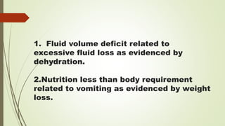 1. Fluid volume deficit related to
excessive fluid loss as evidenced by
dehydration.
2.Nutrition less than body requirement
related to vomiting as evidenced by weight
loss.
 
