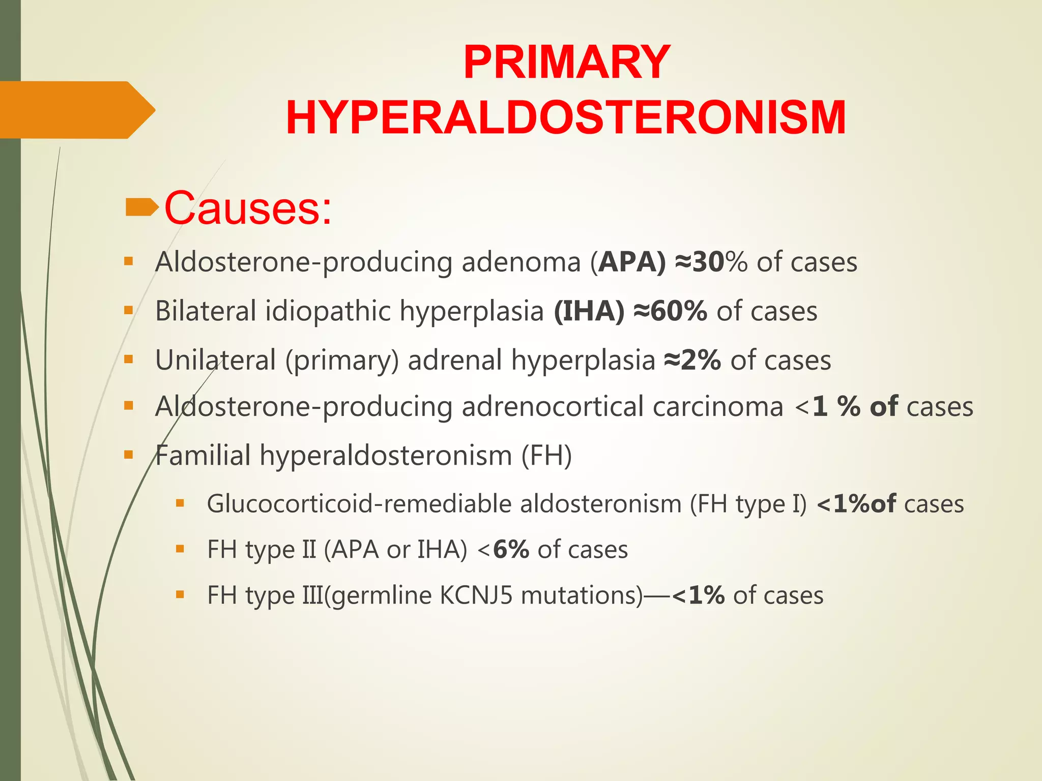 PRIMARY
HYPERALDOSTERONISM
Causes:
 Aldosterone-producing adenoma (APA) ≈30% of cases
 Bilateral idiopathic hyperplasia (IHA) ≈60% of cases
 Unilateral (primary) adrenal hyperplasia ≈2% of cases
 Aldosterone-producing adrenocortical carcinoma <1 % of cases
 Familial hyperaldosteronism (FH)
 Glucocorticoid-remediable aldosteronism (FH type I) <1%of cases
 FH type II (APA or IHA) <6% of cases
 FH type III(germline KCNJ5 mutations)—<1% of cases
 