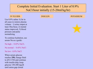 Complete Initial Evaluation. Start 1 Liter of 0.9%
NaCl/hour initially (15-20ml/kg/hr)
IV FLUIDS INSULIN POTASSIUM
Use 0.9% saline 1L/hr in
all cases to restore plasma
volume: 1) urine output at
least 30cc/hour, 2) mental
status improved, 3) blood
pressure and pulse
normalizing
To continue hydration, use
serum Na as a guide:
Na high - 0.45% NaCL
Na normal - 0.45% NaCl
Na low - 0.9% NaCl
When serum glucose
reaches 250, change fluid
to d51/2 NS and continue
with insulin drip, keep
glucose 150-200 mg/dl
until anion gap closed
 
