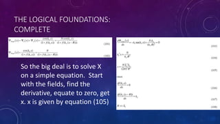 THE LOGICAL FOUNDATIONS:
COMPLETE
So the big deal is to solve X
on a simple equation. Start
with the fields, find the
derivative, equate to zero, get
x. x is given by equation (105)
 