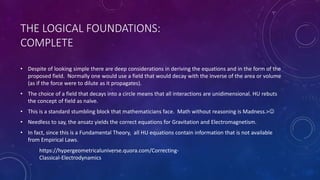 THE LOGICAL FOUNDATIONS:
COMPLETE
• Despite of looking simple there are deep considerations in deriving the equations and in the form of the
proposed field. Normally one would use a field that would decay with the inverse of the area or volume
(as if the force were to dilute as it propagates).
• The choice of a field that decays into a circle means that all interactions are unidimensional. HU rebuts
the concept of field as naïve.
• This is a standard stumbling block that mathematicians face. Math without reasoning is Madness.>
• Needless to say, the ansatz yields the correct equations for Gravitation and Electromagnetism.
• In fact, since this is a Fundamental Theory, all HU equations contain information that is not available
from Empirical Laws.
https://hypergeometricaluniverse.quora.com/Correcting-
Classical-Electrodynamics
 