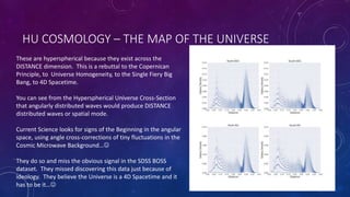 HU COSMOLOGY – THE MAP OF THE UNIVERSE
These are hyperspherical because they exist across the
DISTANCE dimension. This is a rebuttal to the Copernican
Principle, to Universe Homogeneity, to the Single Fiery Big
Bang, to 4D Spacetime.
You can see from the Hyperspherical Universe Cross-Section
that angularly distributed waves would produce DISTANCE
distributed waves or spatial mode.
Current Science looks for signs of the Beginning in the angular
space, using angle cross-corrections of tiny fluctuations in the
Cosmic Microwave Background…
They do so and miss the obvious signal in the SDSS BOSS
dataset. They missed discovering this data just because of
ideology. They believe the Universe is a 4D Spacetime and it
has to be it…
 