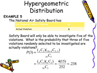 EXAMPLE 5
4 3 10 4 5 3
10 5
4 3 6 2
10 5
( )( )
(3)
( )( ) 4(15)
.238
252
C C
P
C
C C
C
− −
=
= = =
The National Air Safety Board has
Safety Board will only be able to investigate five of the
violations. What is the probability that three of five
violations randomly selected to be investigated are
actually violations?
List Reported Safety Violation 10
Actual Violation 4
Hypergeometric
Distribution
 