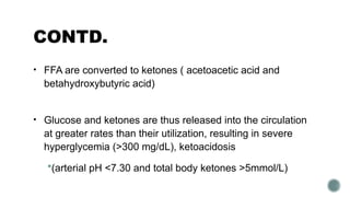 CONTD.
• FFA are converted to ketones ( acetoacetic acid and
betahydroxybutyric acid)
• Glucose and ketones are thus released into the circulation
at greater rates than their utilization, resulting in severe
hyperglycemia (>300 mg/dL), ketoacidosis
(arterial pH <7.30 and total body ketones >5mmol/L)
 