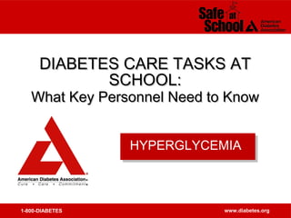 1-800-DIABETES www.diabetes.org
DIABETES CARE TASKS ATDIABETES CARE TASKS AT
SCHOOL:SCHOOL:
What Key Personnel Need to KnowWhat Key Personnel Need to Know
HYPERGLYCEMIA
 