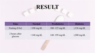 RESULT
Time Normal Prediabetes Diabetes
Fasting (0 hr) <100 mg/dL 100–125 mg/dL ≥126 mg/dL
2 hours after
glucose
<140 mg/dL 140–199 mg/dL ≥200 mg/dL
 