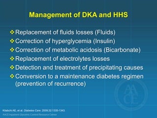 Management of DKA and HHS
Replacement of fluids losses (Fluids)
Correction of hyperglycemia (Insulin)
Correction of metabolic acidosis (Bicarbonate)
Replacement of electrolytes losses
Detection and treatment of precipitating causes
Conversion to a maintenance diabetes regimen
(prevention of recurrence)
Kitabchi AE, et al. Diabetes Care. 2009;32:1335-1343.
 