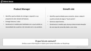 Product Manager Growth role
O que há em comum?
Ambos usam informações e dados para tomar decisões no Roadmap
• Identifica oportunidades de entregar e expandir a sua
proposta de valor através de features.
• Entrega Features / valor.
• Geralmente é medido pela habilidade com a qual satisfaz as
necessidade dos usuários e do mercado com o seu produto.
• Identifica oportunidades para converter, ativar e adquirir
usuários através de alguns “touch points”.
• Gerencia experimentos.
• Geralmente é medido após alcançar determinada elevação
de uma taxa de conversão dado a uma meta.
2016 – Jason Meresman
 