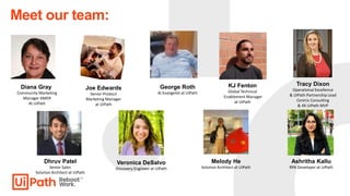 Diana Gray
Community Marketing
Manager AMER
At UiPath
Meet our team:
Joe Edwards
Senior Product
Marketing Manager
at UiPath
Tracy Dixon
Operational Excellence
& UiPath Partnership Lead
Centric Consulting
& 4X UiPath MVP
Dhruv Patel
Senior Sales
Solution Architect at UiPath
Veronica DeSalvo
Discovery Engineer at UiPath
Melody He
Solution Architect at UiPath
Ashritha Kallu
RPA Developer at UiPath
KJ Fenton
Global Technical
Enablement Manager
at UiPath
George Roth
AI Evangelist at UiPath
 