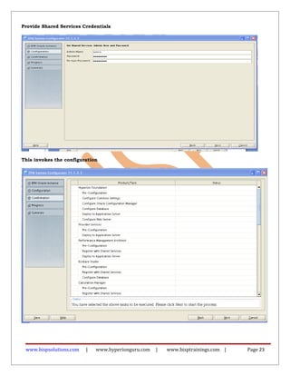 Provide Shared Services Credentials
This invokes the configuration
www.bispsolutions.com | www.hyperionguru.com | www.bisptrainings.com | Page 23
 