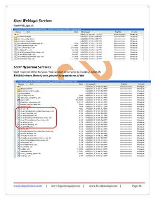 Start WebLogic Services
StartWebLogic.sh
Start Hyperion Services
Start Hyperion Other Services. You can start all services by invoking ./start.sh
$Midddleware_Home/user_projects/epmsystem1/bin
www.bispsolutions.com | www.hyperionguru.com | www.bisptrainings.com | Page 25
 