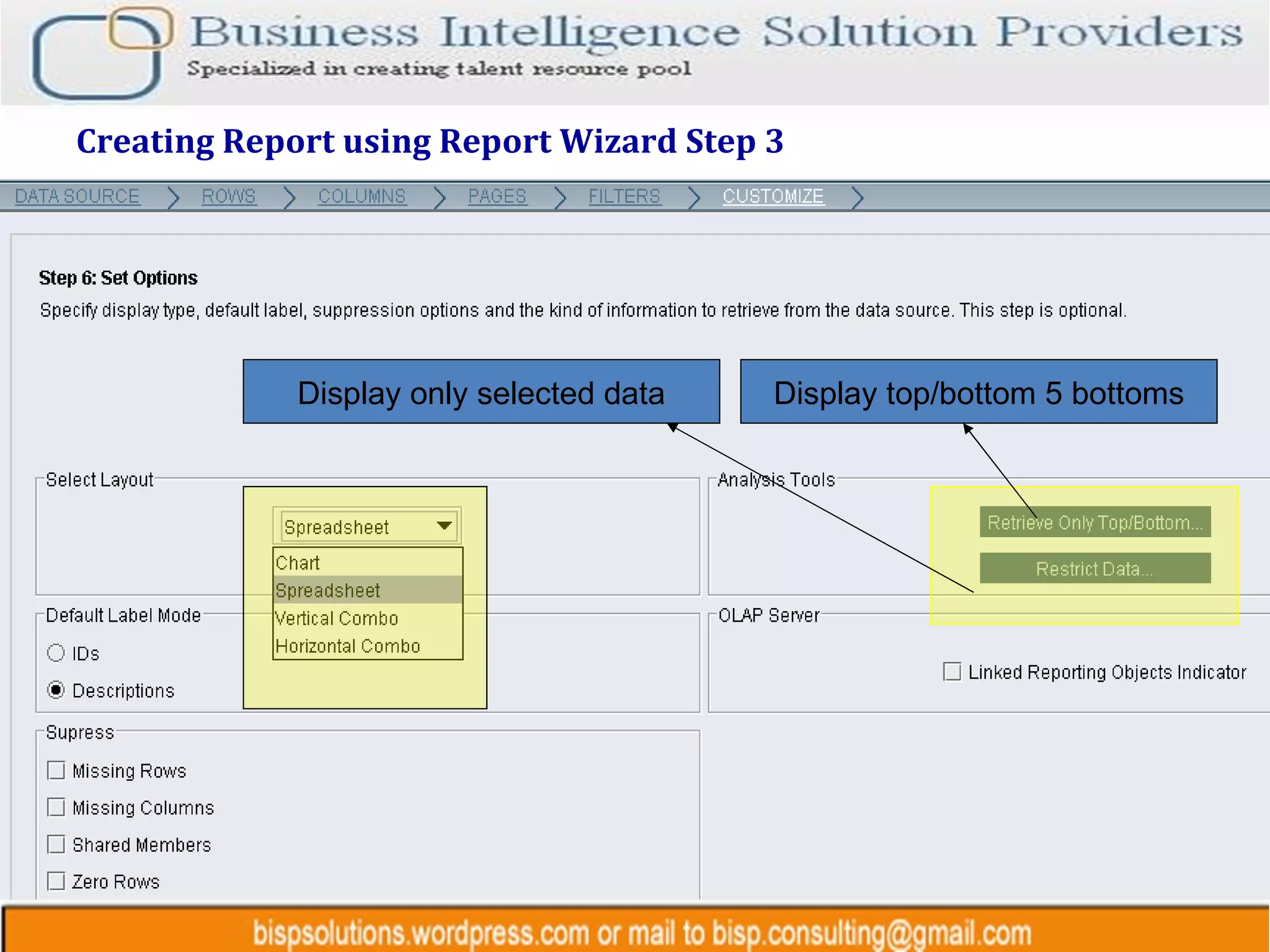 Creating Report using Report Wizard Step 3 Display top/bottom 5 bottoms Display only selected data 