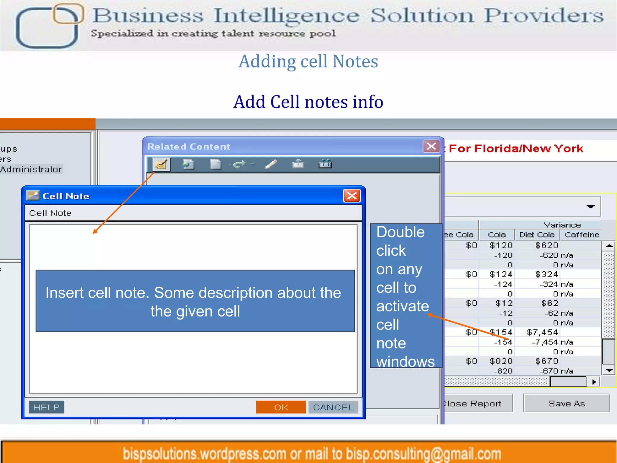 Adding cell Notes Add Cell notes info Double  click  on any  cell to  activate  cell  note  windows Insert cell note. Some description about the  the given cell 