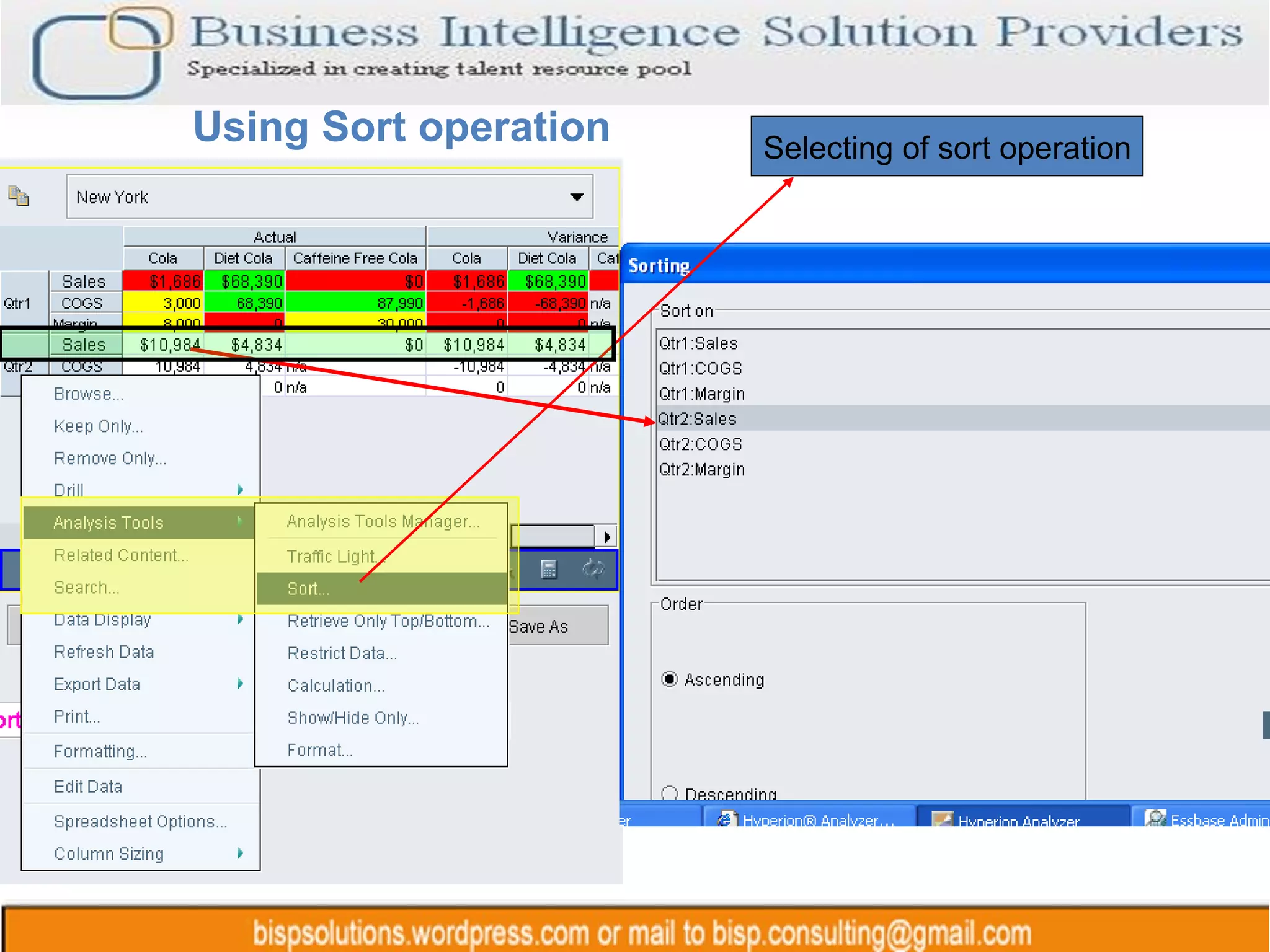 Using Sort operation  Selecting of sort operation 