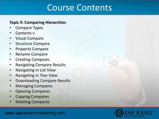 Topic 9: Comparing Hierarchies
• Compare Types
• Contents v
• Visual Compare
• Structure Compare
• Property Compare
• Rename Compare
• Creating Compares
• Navigating Compare Results
• Navigating in List View
• Navigating in Tree View
• Downloading Compare Results
• Managing Compares
• Opening Compares
• Copying Compares
• Deleting Compares
Course Contents
 