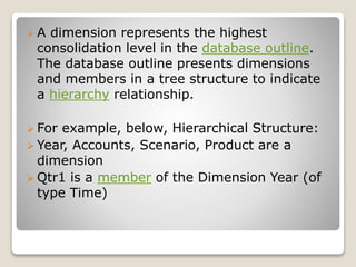 ? A dimension represents the highest
consolidation level in the database outline.
The database outline presents dimensions
and members in a tree structure to indicate
a hierarchy relationship.
? For example, below, Hierarchical Structure:
? Year, Accounts, Scenario, Product are a
dimension
? Qtr1 is a member of the Dimension Year (of
type Time)
 