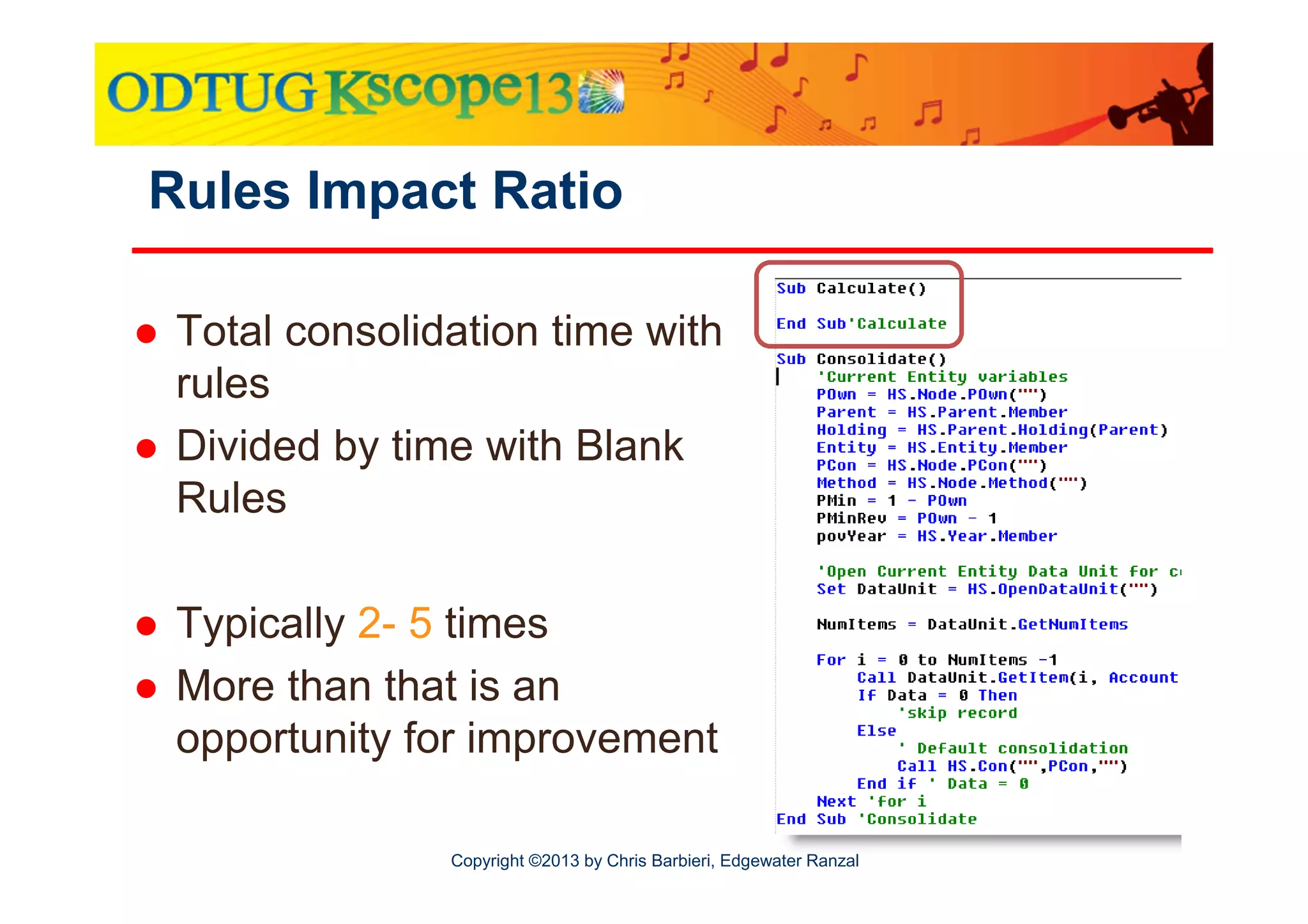 Rules Impact Ratio
Total consolidation time with
rules
Divided by time with Blank
Rules
Typically 2- 5 times
More than that is an
opportunity for improvement
Copyright ©2013 by Chris Barbieri, Edgewater Ranzal

 