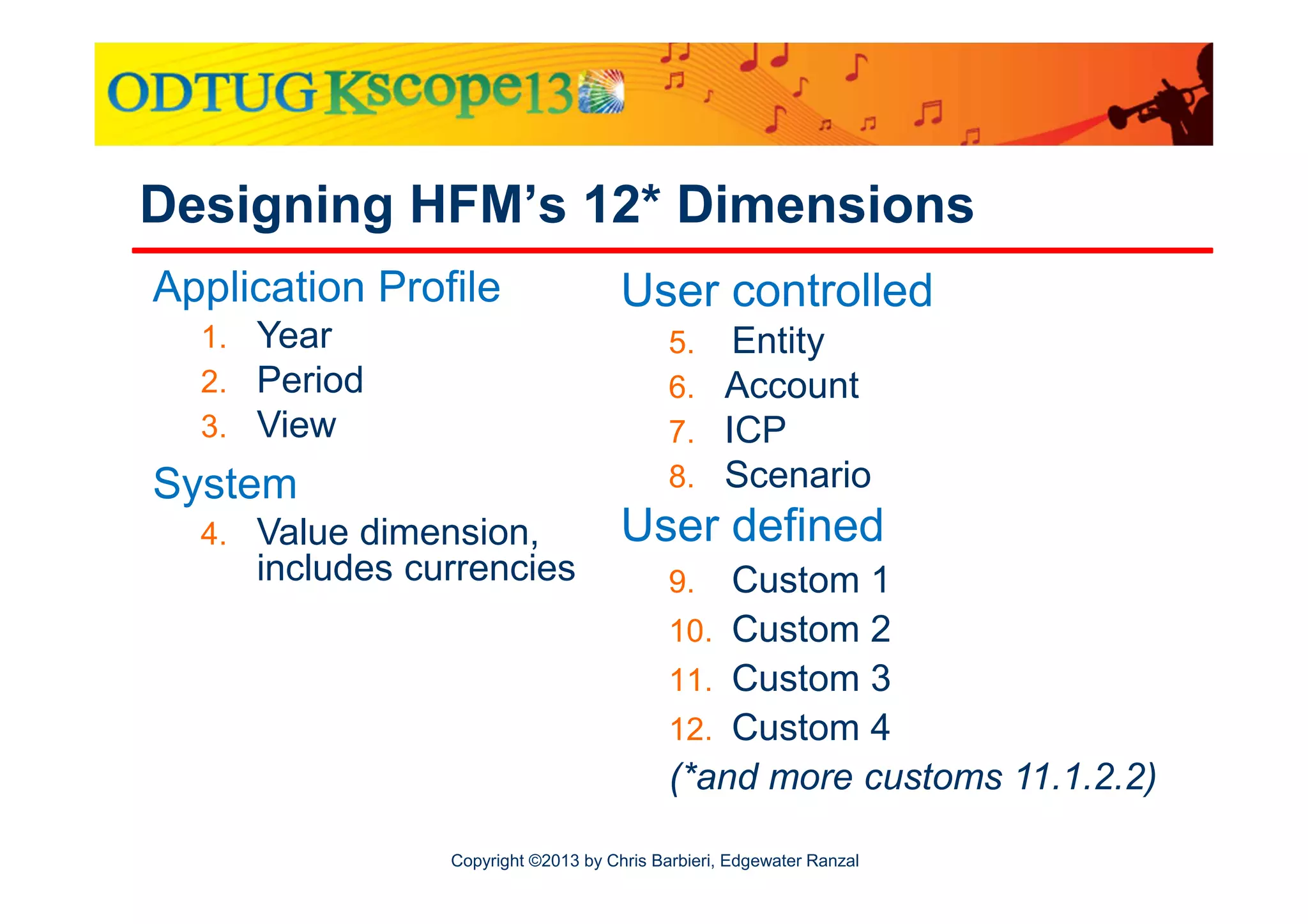 Designing HFM’s 12* Dimensions
Application Profile
1. Year
2. Period
3. View

User controlled
5. Entity
6. Account
7. ICP
8. Scenario

System
4. Value dimension,

includes currencies

User defined
Custom 1
10. Custom 2
11. Custom 3
12. Custom 4
(*and more customs 11.1.2.2)
9.

Copyright ©2013 by Chris Barbieri, Edgewater Ranzal

 