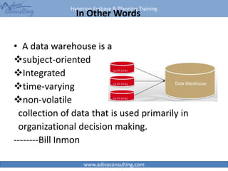 Hyperion Essbase & Planning Training
www.adivaconsulting.com
In Other Words
• A data warehouse is a
subject-oriented
Integrated
time-varying
non-volatile
collection of data that is used primarily in
organizational decision making.
--------Bill Inmon
7
 