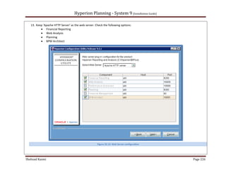 Hyperion Planning - System 9 [Installation Guide]

   13. Keep 'Apache HTTP Server' as the web server. Check the following options:
          • Financial Reporting
          • Web Analysis
          • Planning
          • BPM Architect




                                                     Figure 32.13: Web Server configuration




Shehzad Kazmi                                                                                 Page 226
 