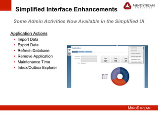MINDSTREAM
Simplified Interface Enhancements
Some Admin Activities Now Available in the Simplified UI
Application Actions
•  Import Data
•  Export Data
•  Refresh Database
•  Remove Application
•  Maintenance Time
•  Inbox/Outbox Explorer
 