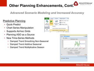 MINDSTREAM
Other Planning Enhancements, Cont.
Predictive Planning
•  Quick Predict
•  Chart Series Manipulation
•  Supports Ad-hoc Grids
•  Planning ASO as a Source
•  New Time-Series Methods
•  Damped Trend Smoothing Non-Seasonal
•  Damped Trend Additive Seasonal
•  Damped Trend Multiplicative Season
Advanced Scenario Modeling and Increased Accuracy
 