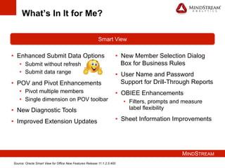 MINDSTREAM
What’s In It for Me?
•  Enhanced Submit Data Options
•  Submit without refresh
•  Submit data range
•  POV and Pivot Enhancements
•  Pivot multiple members
•  Single dimension on POV toolbar
•  New Diagnostic Tools
•  Improved Extension Updates
Smart View
•  New Member Selection Dialog
Box for Business Rules
•  User Name and Password
Support for Drill-Through Reports
•  OBIEE Enhancements
•  Filters, prompts and measure
label flexibility
•  Sheet Information Improvements
Source: Oracle Smart View for Office New Features Release 11.1.2.5.400
 