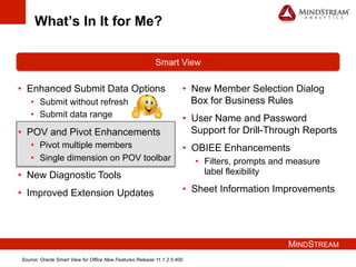 MINDSTREAM
What’s In It for Me?
•  Enhanced Submit Data Options
•  Submit without refresh
•  Submit data range
•  POV and Pivot Enhancements
•  Pivot multiple members
•  Single dimension on POV toolbar
•  New Diagnostic Tools
•  Improved Extension Updates
Smart View
•  New Member Selection Dialog
Box for Business Rules
•  User Name and Password
Support for Drill-Through Reports
•  OBIEE Enhancements
•  Filters, prompts and measure
label flexibility
•  Sheet Information Improvements
Source: Oracle Smart View for Office New Features Release 11.1.2.5.400
 