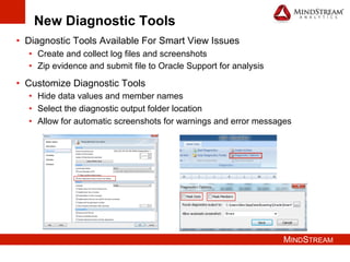 MINDSTREAM
New Diagnostic Tools
•  Diagnostic Tools Available For Smart View Issues
•  Create and collect log files and screenshots
•  Zip evidence and submit file to Oracle Support for analysis
•  Customize Diagnostic Tools
•  Hide data values and member names
•  Select the diagnostic output folder location
•  Allow for automatic screenshots for warnings and error messages
 
